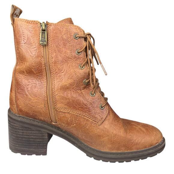 Timberland Women’s Sienna Brown Leather Embossed Ankle Boot Size US 10 - Picture 4 of 12